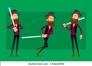 Ready for animations. Smiling man fighting with katana sword. Isolated on green background. Big vector icon set.