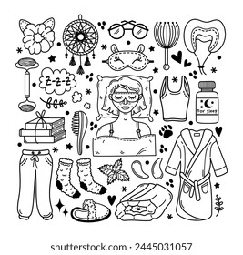 Listo para la cama, set de Vector. Almohada, manta, atrapasueños, somníferos, mujer duerme. Ropa de dormir: pijama, albornoz, zapatillas, calcetines. Hora de dormir, rutina nocturna, meditación. Clipart de garabato dibujado a mano