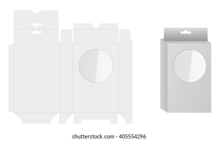 Ready Box Design with Shelf Hanging Holes and Die cut Layout. Blueprint design. Illustrated vector. White Product Package Box With Window.