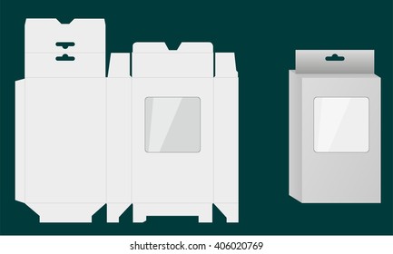 Ready Box Design with Shelf Hanging Holes and Die cut Layout. Blueprint design. Illustrated vector. White Product Package Box With Window.