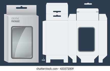 Ready Box design with Shelf Hanging Holes and Die cut Layout template. Blueprint design. Illustrated vector