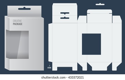 Ready Box design with Shelf Hanging Holes and Die cut Layout. Blueprint design. Illustrated vector