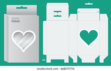 Ready Box design with Shelf Hanging Holes and transparent heart shape window. Die cut blueprint Layout design. Illustrated vector