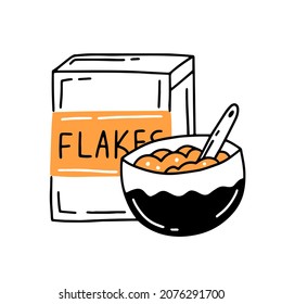 Fertige Frühstücksflocken im einfachen Doodle-Stil. Vektorgrafik.