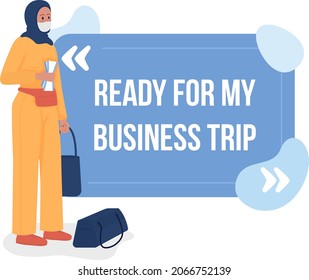 Ready for business trip vector quote box with flat character. After covid travel safety. Wearing mask. Speech bubble with cartoon illustration. Colourful quotation design on white background