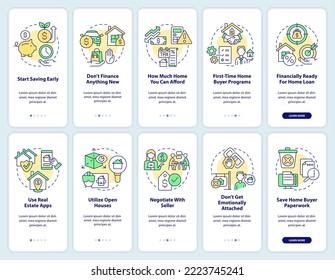 Ready to buy home onboarding mobile app screen set. Buyer tips walkthrough 5 steps editable graphic instructions with linear concepts. UI, UX, GUI template. Myriad Pro-Bold, Regular fonts used