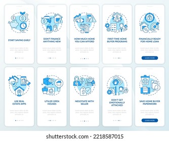 Ready to buy house blue onboarding mobile app screen set. Homeowner walkthrough 5 steps editable graphic instructions with linear concepts. UI, UX, GUI template. Myriad Pro-Bold, Regular fonts used