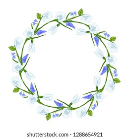 Ready card with primroses. Card with snowdrops, wreath with the first spring flowers. Vector