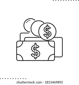 ready cash with coins and stack of dollar banknotes, money vector icon in outlines 