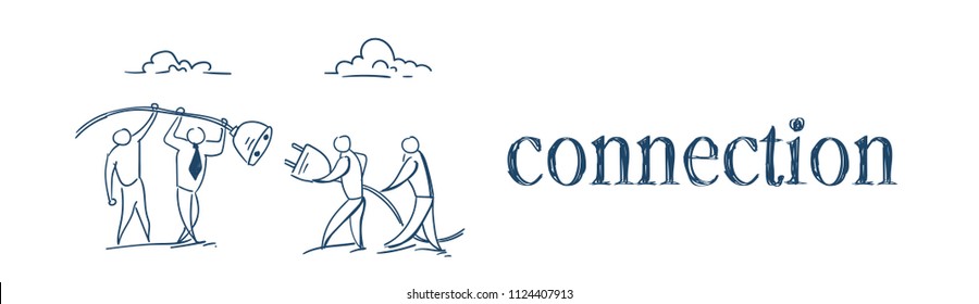 ready to connect business men inserting electrical plug in socket huge wired team working success concept on white background sketch doodle banner vector illustration