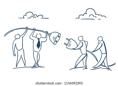 ready to connect business men inserting electrical plug in socket huge wired team working success concept on white background sketch doodle vector illustration