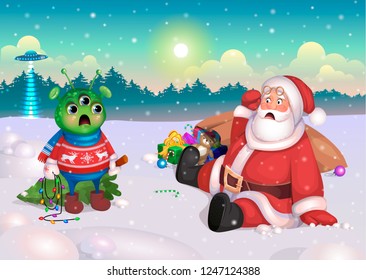 Ready creative and funny illustration for the postcard Merry Christmas and Happy New Year. Santa Claus met an alien with a Christmas tree by day. They did not believe in the existence of each other.