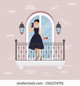 Ready to date banner vector illustration. Woman in elegant festive dress standing on balcony against window and wall of house background holding mobile phone and flower.