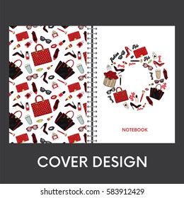 Ready design covers for notebooks with fashionable accessories. Background of shoes, handbags, and perfume. Vector illustration.