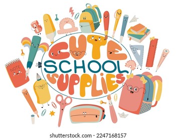 Ready Design- Cute School Supplies. With bags, pencils cases, ruller, pens and other. Vector, kawaii