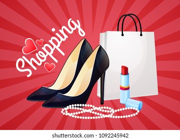 Ready design, logo. Discounts and shopping, fashion for women and girls. Clothes, shoes, cosmetics. Bright red background.