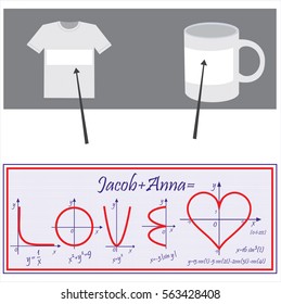 Ready design of mug, t-shirt and other. A math, heart, formula of love.