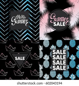 The ready design of postcards with pineapples, ships, palm leaves and geometric elements. Vector illustration. Summer.