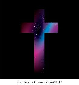 Ready design of a poster, flyer, banner or print on clothes. Space, galaxy and stars. Vector illustration. Cross.