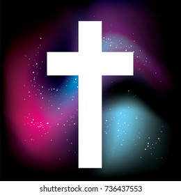 Ready design of a poster, flyer, banner or print on clothes. Space, galaxy and stars. Vector illustration. Cross.