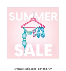 Ready design "Summer Sale" with a hanger with a swimsuit, glasses and slaps. Vector illustration for shops. Business and shopping. Summer.