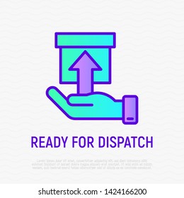 Ready for dispatch thin line icon: hand holding a parcel. Modern vector illustration for delivery service or pick up point.