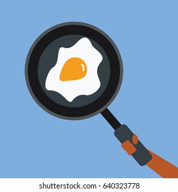 ready to eat breakfast. hand holding Fry pan simple cartoon modern with a Fried egg flat design style vector cartoon isolated background. 