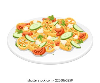 Ready for eat dish italian pasta rotelle cuisine staples with tomato cucumber and feta cheese vector illustration on white background