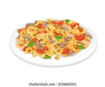 Ready for eat dish italian pasta cavatappi cuisine staples with tomatoes mushrooms cheese and herbs vector illustration on white background
