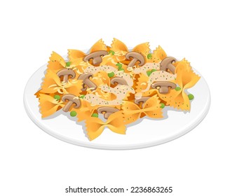 Ready for eat dish italian pasta farfalle cuisine staples with sauce mushroom cheese and peas vector illustration on white background