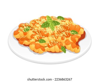 Ready for eat dish italian pasta gnocchi cuisine staples with vector cheese and sauce illustration on white background