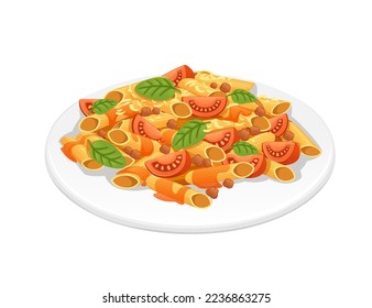 Ready for eat dish italian pasta cavatappi penne staples with tomato oregano and meat vector illustration on white background