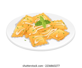 Ready for eat dish italian pasta ravioli cuisine staples with sauce and herbs vector illustration on white background