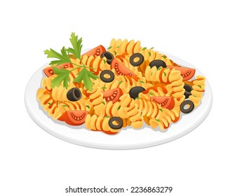 Ready for eat dish italian pasta fusilli cuisine staples with olives herbs and tomatoes vector illustration on white background