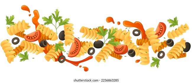 Ready for eat dish italian pasta fusilli cuisine staples with olives herbs and tomatoes vector illustration on white background