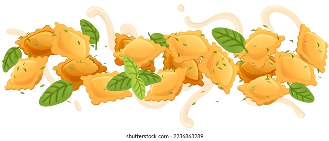 Ready for eat dish italian pasta ravioli cuisine staples with sauce and herbs vector illustration on white background