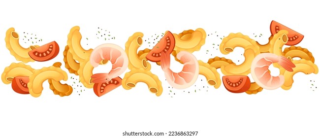Ready for eat dish italian pasta creste di galli cuisine staples with shrimp and tomatoes vector illustration on white background