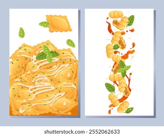 Pronto para comer prato italiano massas ravioli cozinha grampos com molho e ervas ilustração vetor no fundo branco. Cartão de saudações ou design de banner da Web. Tema perfeito para o menu.