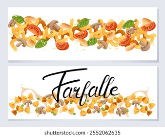 Pronto para comer prato italiano macarrão farfalle cozinha grampos com molho de queijo de cogumelo e ervilhas vetor ilustração em fundo branco. Cartão de saudações ou design de banner da Web. Tema perfeito para o menu.