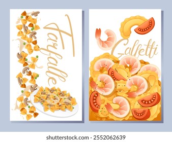 Pronto para comer prato italiano massa creste di galli cozinha grampos com camarão e tomates vetor ilustração no fundo branco. Cartão de saudações ou design de banner da Web. Tema perfeito para o menu.