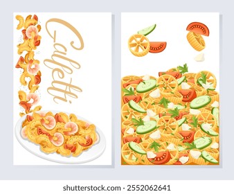 Pronto para comer prato italiano massa creste di galli cozinha grampos com camarão e tomates vetor ilustração no fundo branco. Cartão de saudações ou design de banner da Web. Tema perfeito para o menu.