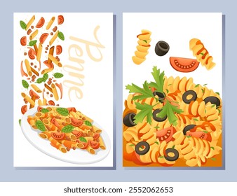 Pronto para comer prato italiano massa fusilli cozinha grampos com azeitonas ervas e tomates vetor ilustração no fundo branco. Cartão de saudações ou design de banner da Web. Tema perfeito para o menu.