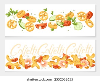 Pronto para comer prato italiano macarrão rotelle cozinha grampos e creste di galli vetor ilustração no fundo branco. Cartão de saudações ou design de banner da Web. Tema de desempenho para o menu.