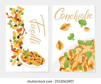 Pronto para comer prato italiano massa fusilli cozinha grampos com azeitonas ervas e tomates vetor ilustração no fundo branco. Cartão de saudações ou design de banner da Web. Tema perfeito para o menu