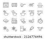Ready to eat food package line icons. Vector outline illustration with icon - microwave oven, salt shaker, boil, bake, vent tray. Pictogram for semifinished meal prepare instruction. Editable Stroke