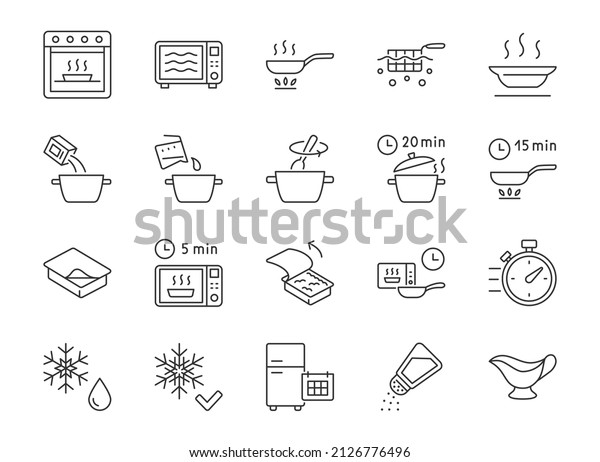 Ready to eat food package line icons. Vector\
outline illustration with icon - microwave oven, salt shaker, boil,\
bake, vent tray. Pictogram for semifinished meal prepare\
instruction. Editable\
Stroke