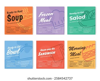 Ready to eat meal label with line elements design template set vector flat illustration. Prepared frozen food soup salad bowl sandwich morning breakfast badge sticker package mark