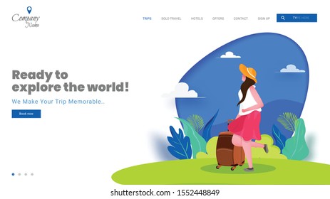 Ready To Explore The World Concept based landing page design with modern lady holding luggage bag on nature view abstract background.