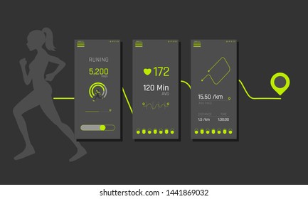 Ready fitness application UI,UX, of info graphics and graphs. Fitness app screens in flat style with charts and info graphic. UI dashboard.