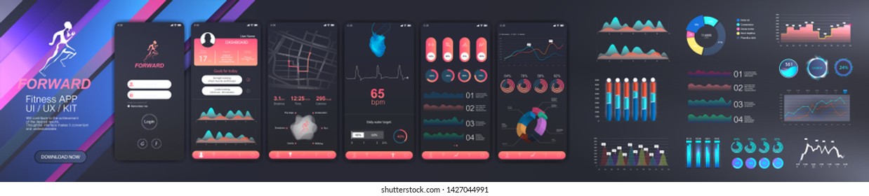Fertige Fitness-Anwendung UI, UX, KIT.  6 Bildschirme und eine Sammlung von Infografiken und Grafiken. Verschiedene GUI-Design-Elemente. Fitness-App-Bildschirme im flachen Stil mit Diagrammen und Infografiken. UI-Dashboard
